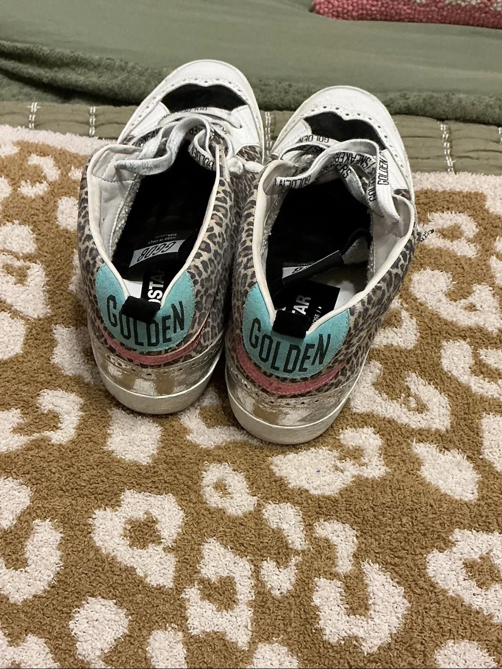 Golden Goose womens White Leopard-Print Sneakers with Black Star and Pink Accent